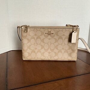 Coach Lyla Signature Canvas Crossbody Bag Beige Gold Tone Two Zip Pockets